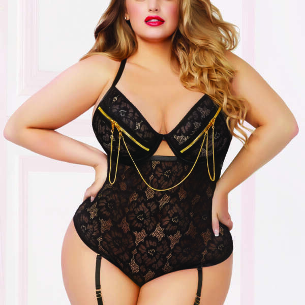 Lace & Zipper Teddy - 3x4x - Black