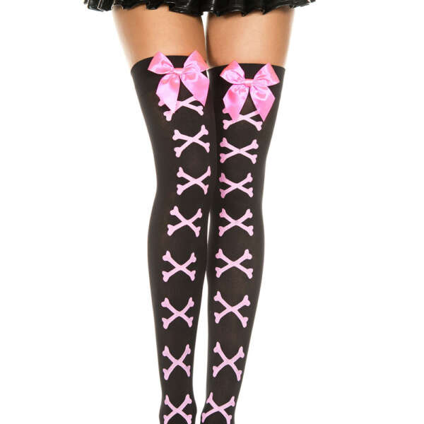 Cross Bone and Satin Bow Opaque Thigh Hi - One Size - Black / Pink