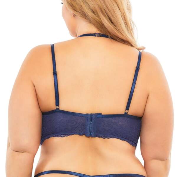 Lace Push Up Balconette Bra With Crossing Halter Straps - Estate Blue - 2x