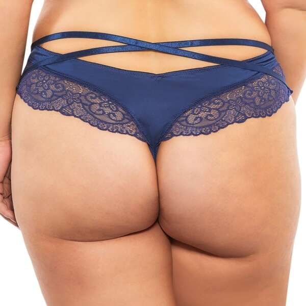 High Leg Lined Thong With Crossing Back Straps - Estate Blue - 3x