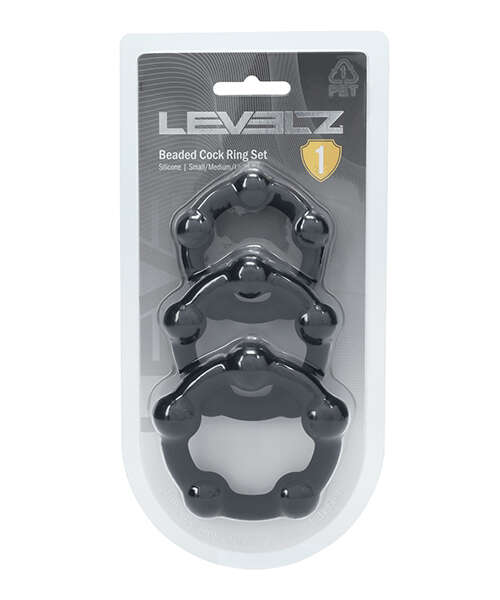 Shots Levelz Beaded Silicone Cock Ring Set of 3 (35 mm, 40 mm, 45 mm) - Black